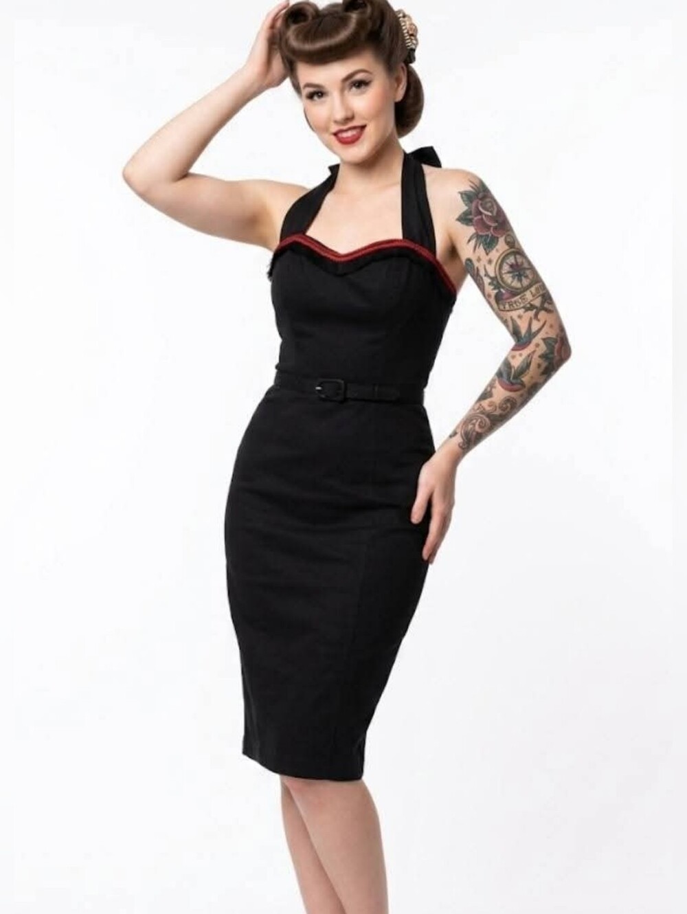 Classic Black Halter Pencil Dress with Red Trim